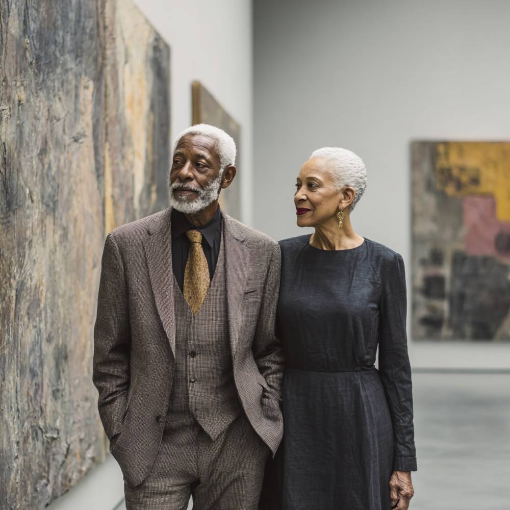 Elegant mature couple walking through an art gallery, dressed in refined outfits, enjoying a calm and cultured lifestyle moment together