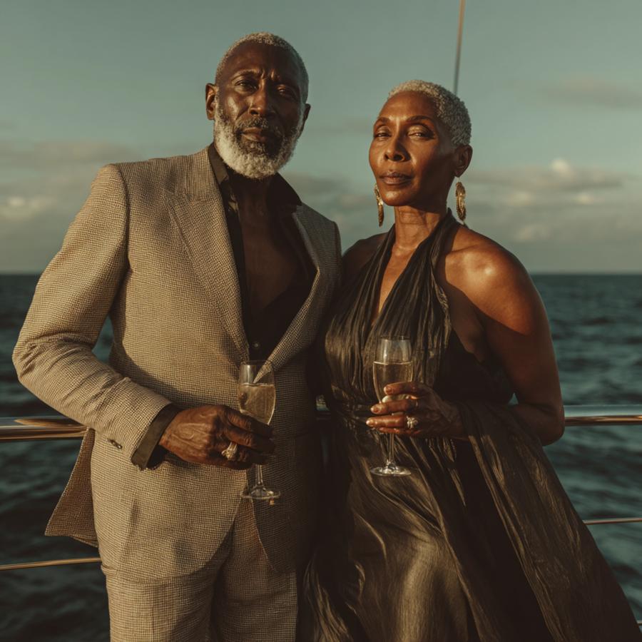 Confident mature couple by the ocean enjoying a luxury lifestyle, reflecting connection and high-quality dating experiences