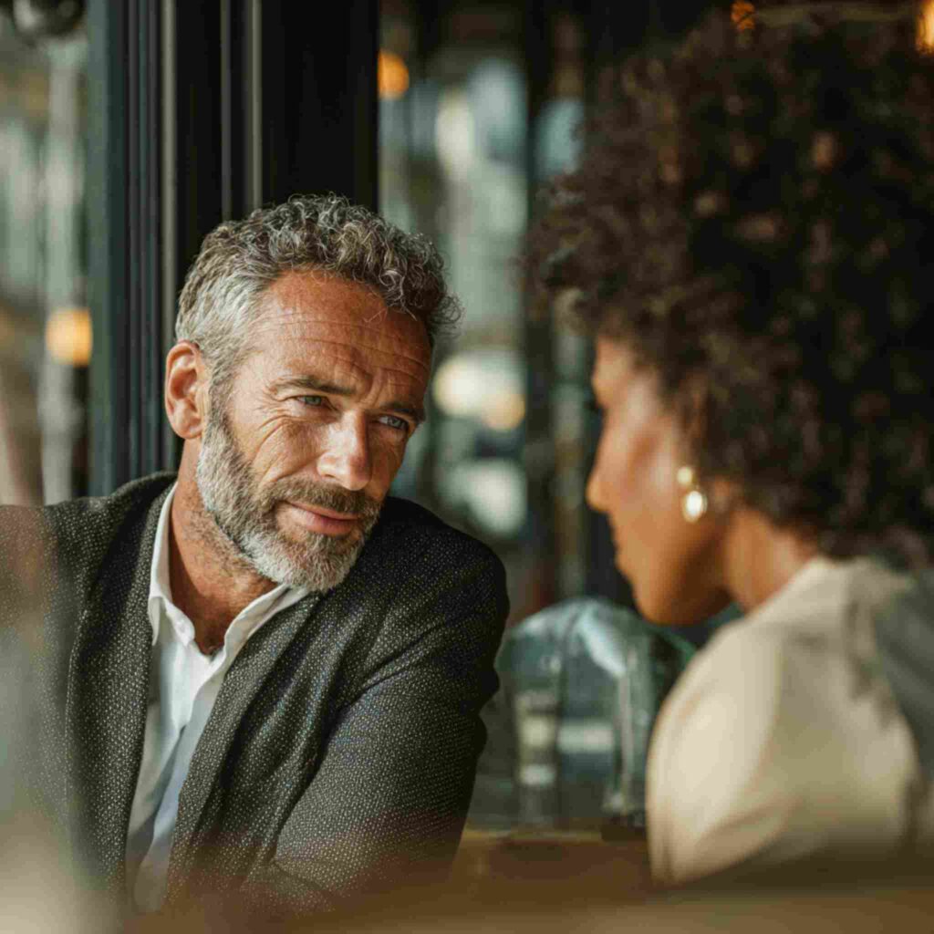 A mature man with salt-and-pepper hair having an intimate conversation with a mature Black woman in a cozy café setting, showing genuine connection and attentive eye contact.