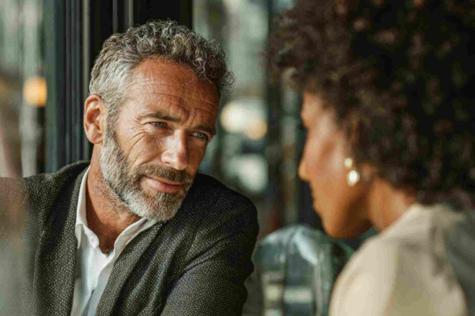 A mature man with salt-and-pepper hair having an intimate conversation with a mature Black woman in a cozy café setting, showing genuine connection and attentive eye contact.