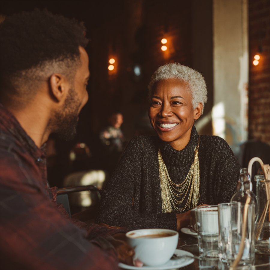 Mature Black woman on a date with younger man in stylish coffee shop