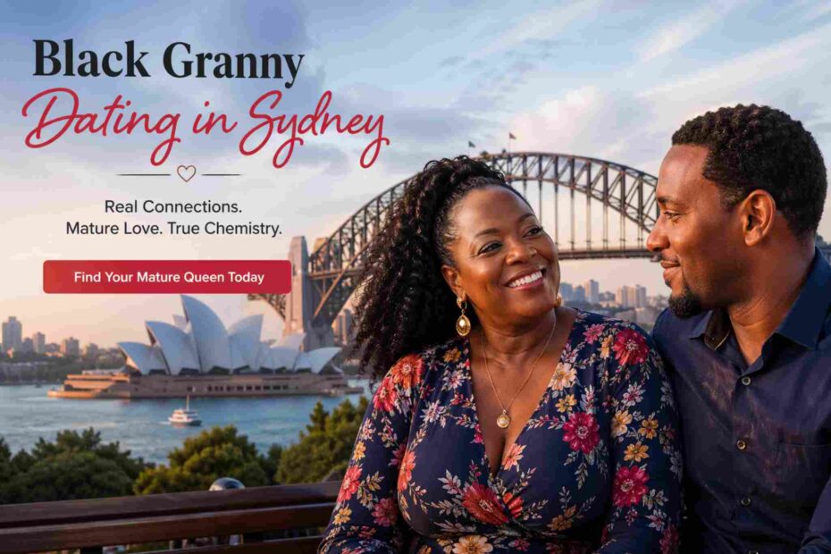 Black mature couple smiling together with Sydney Opera House and Harbour Bridge at sunset, romantic dating scene in Sydney Australia