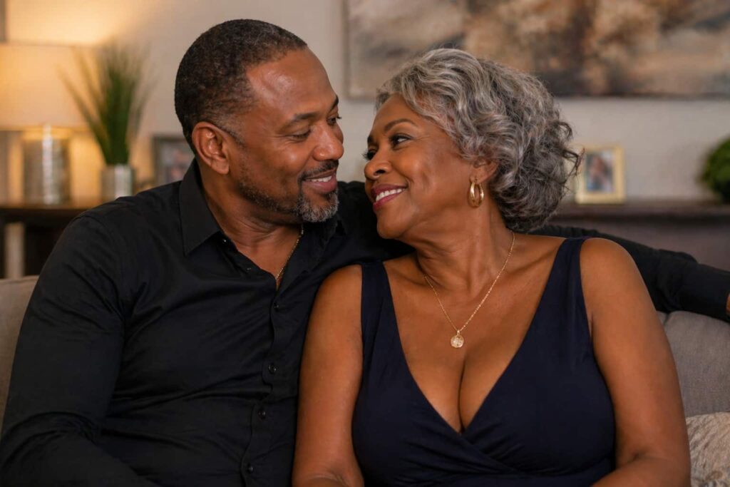 A mature black couple is sitting on the sofa.
