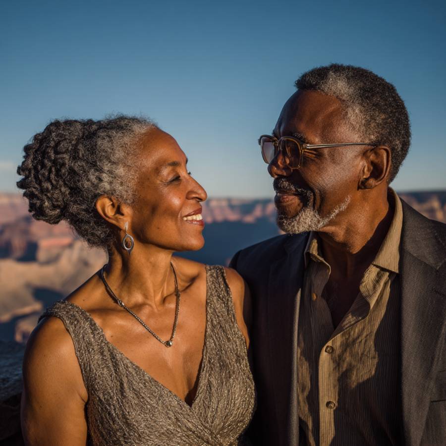 a Black couple in their early 50s sharing a warm and affectionate moment at the Grand Canyon overlook
