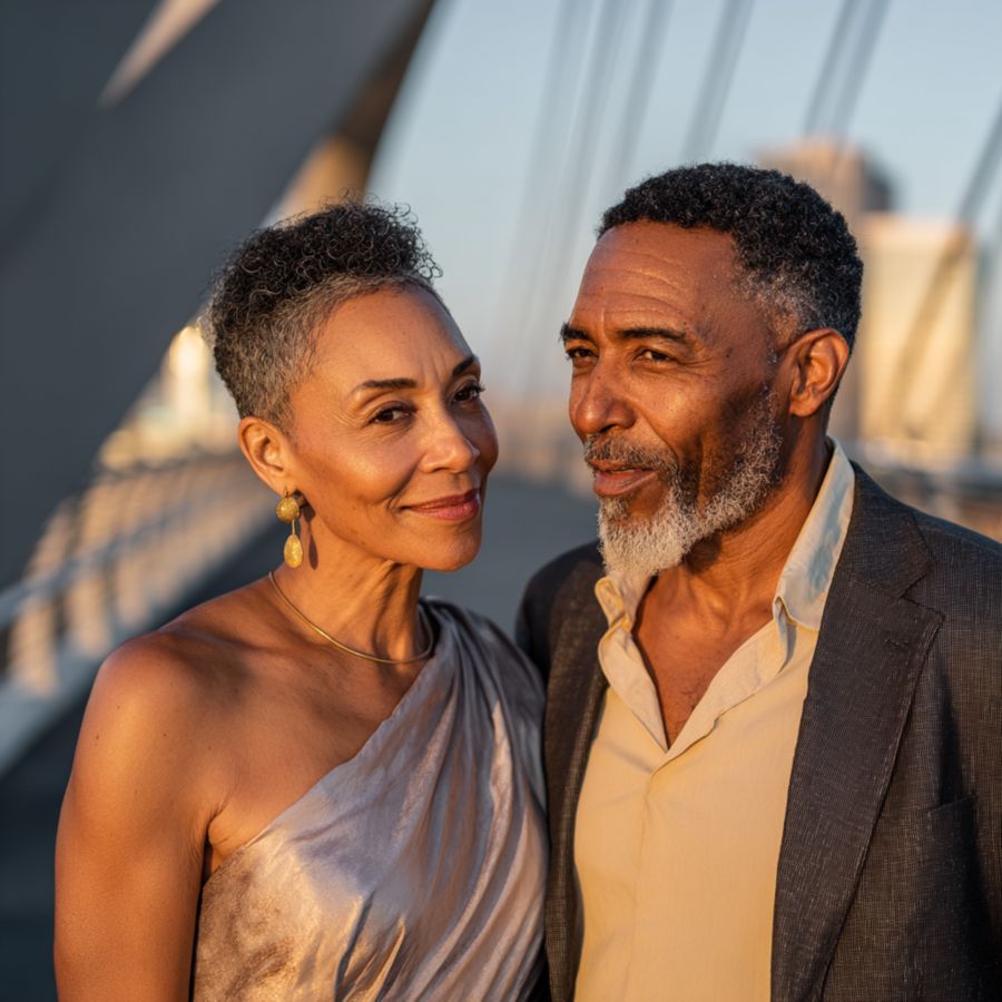 mature Black couple sharing a warm moment on a modern pedestrian bridge at sunset
