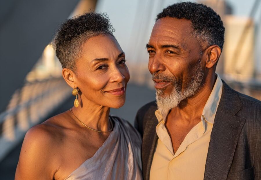 mature Black couple sharing a warm moment on a modern pedestrian bridge at sunset
