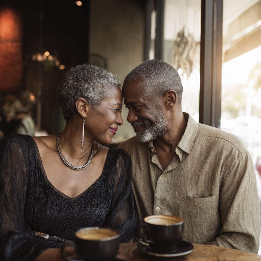 mature Black couple sharing a warm and intimate moment over coffee in a cozy café