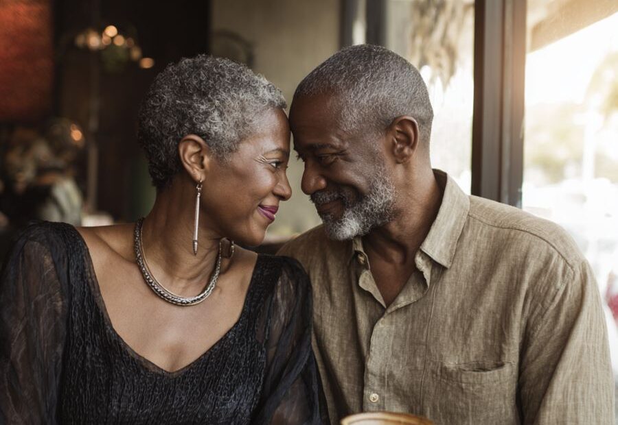 mature Black couple sharing a warm and intimate moment over coffee in a cozy café