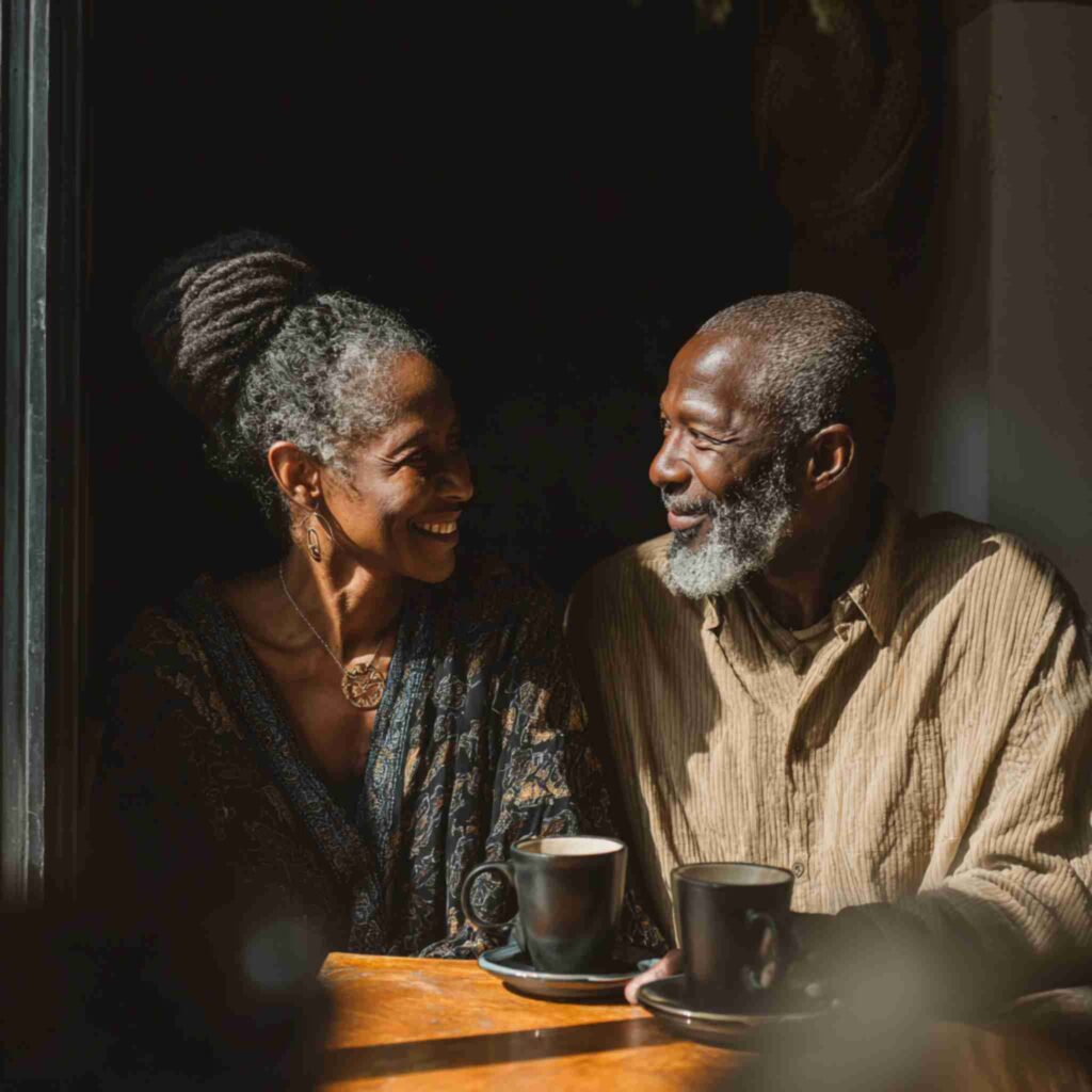 A 50-year-old Black couple sitting in a cozy cafe