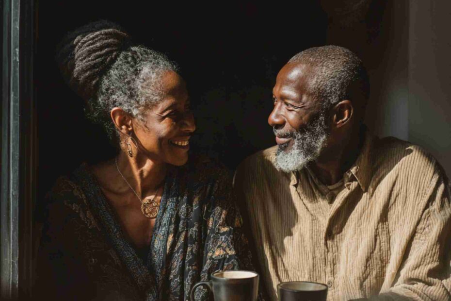 A 50-year-old Black couple sitting in a cozy cafe