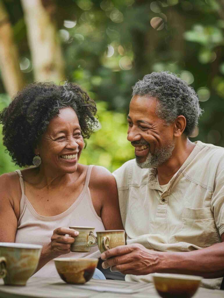 a middle-aged Black couple (around 45-55) sitting together in their backyard garden