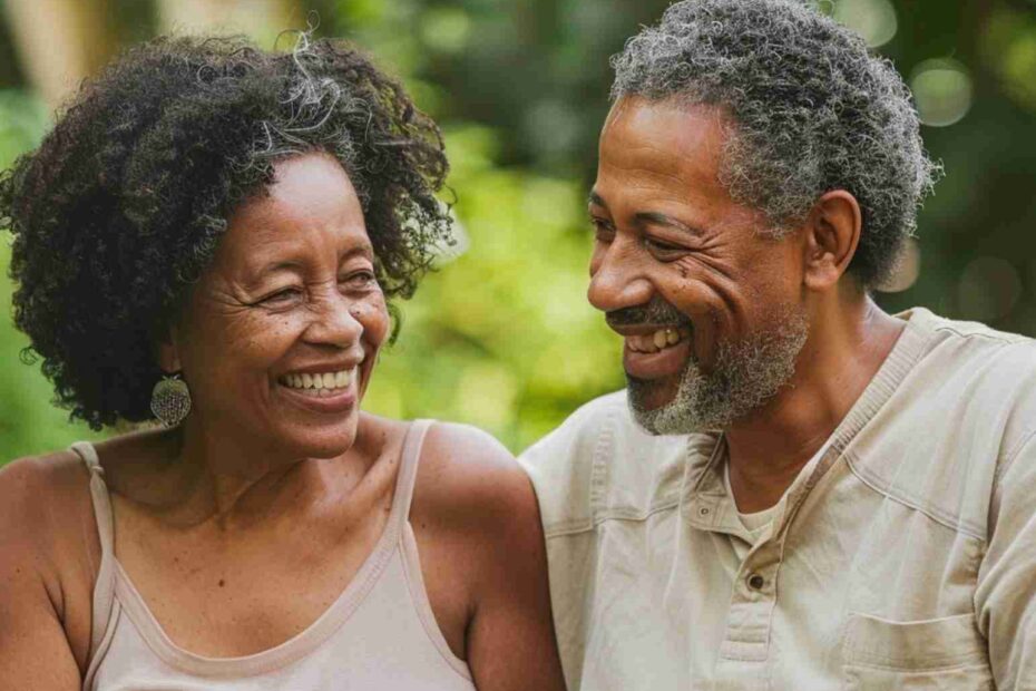 a middle-aged Black couple (around 45-55) sitting together in their backyard garden