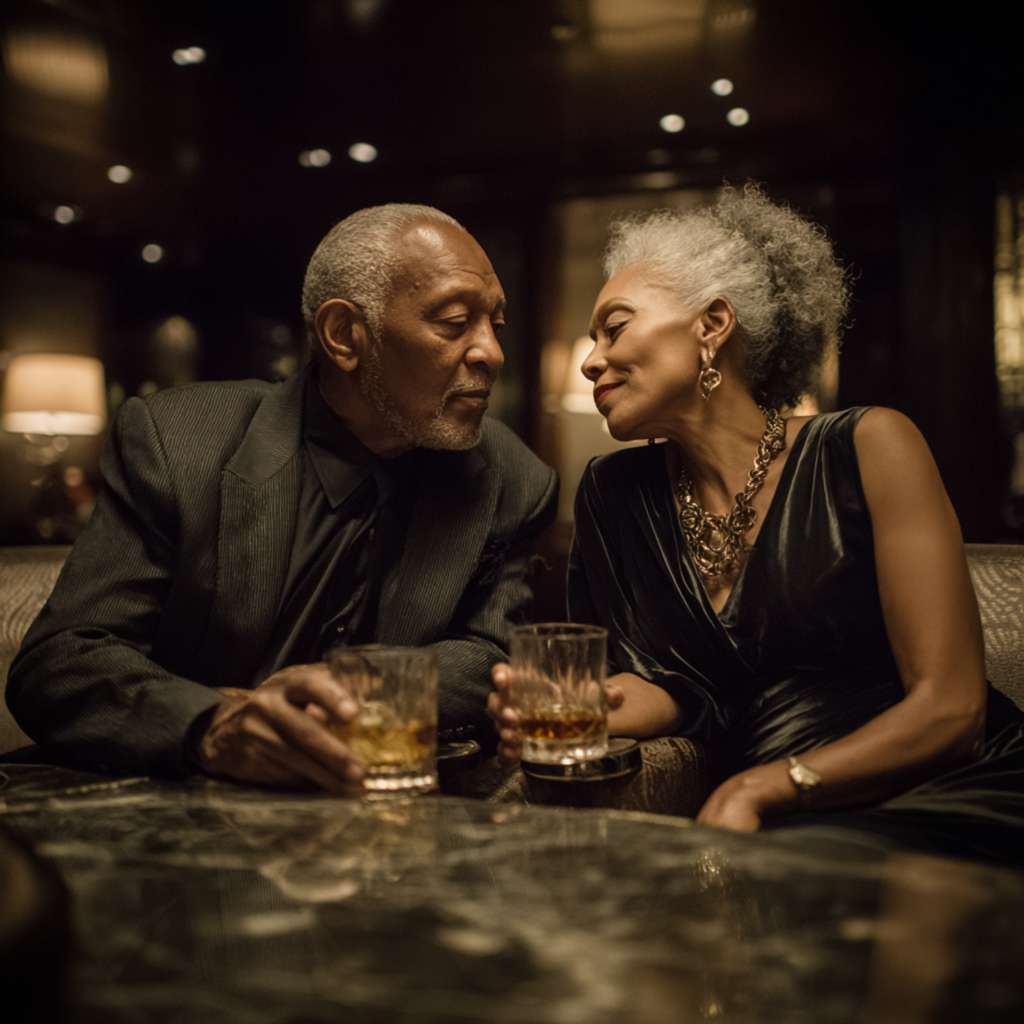Mature Black couple sharing a warm, intimate moment in an elegant lounge setting.