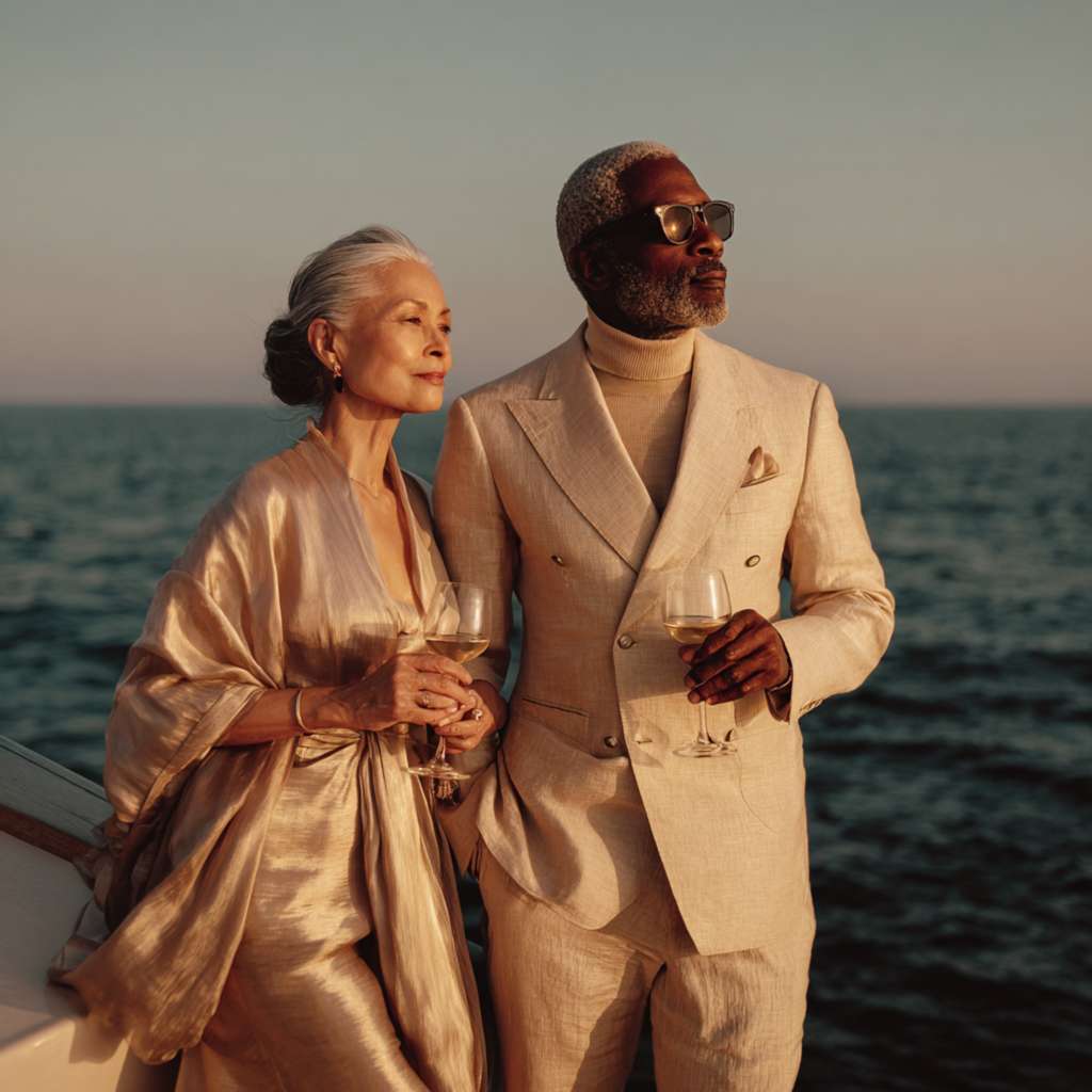 Elegant mature couple standing by the sea at sunset, holding glasses and enjoying a refined moment together