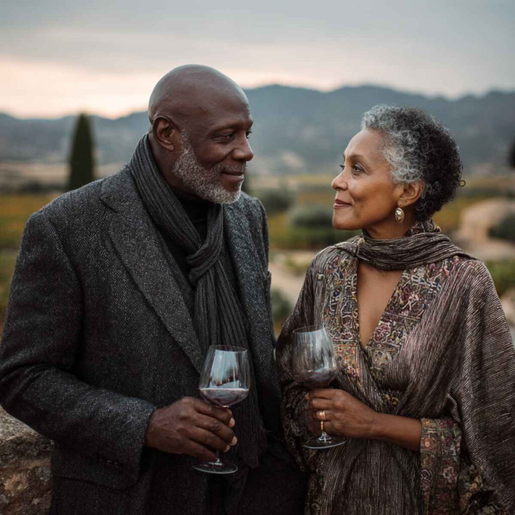 A stylish Black couple aged 55 to 60 walking hand in hand through an upscale city park at golden hour