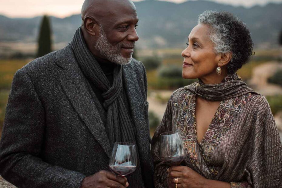A stylish Black couple aged 55 to 60 walking hand in hand through an upscale city park at golden hour.