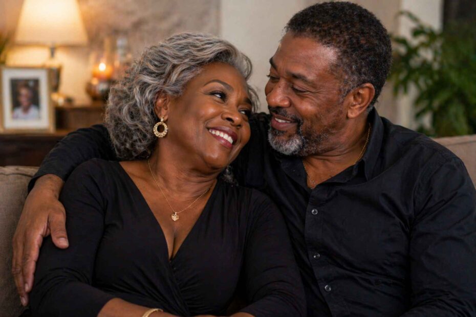 mature Black couple smiling together at home, black granny dating Ottawa, happy senior relationship Canada