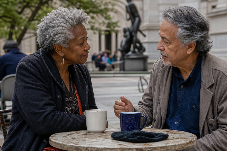 Mature Black woman and Latino man having a respectful cross-cultural conversation over coffee