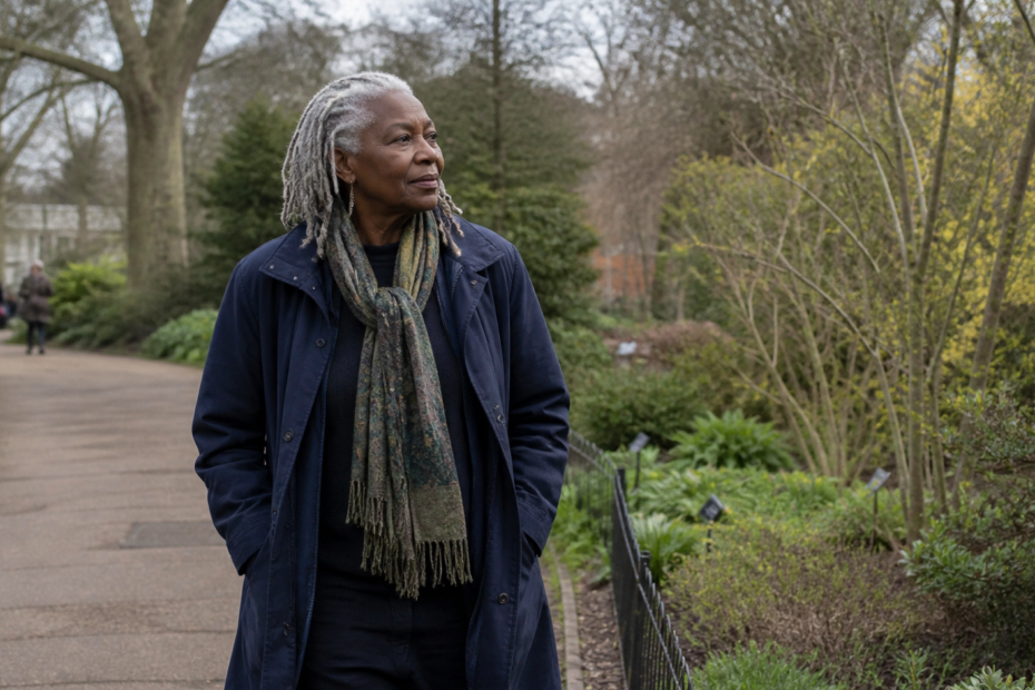 Mature Black woman over 60 rebuilding confidence after widowhood during a quiet park walk