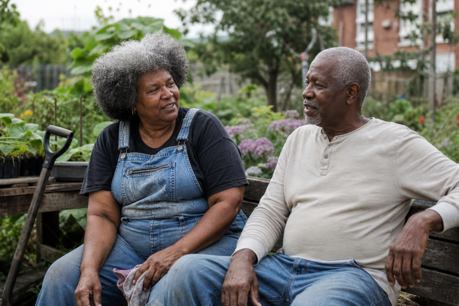 Black couple over 60 enjoying companionship and independence in a community garden