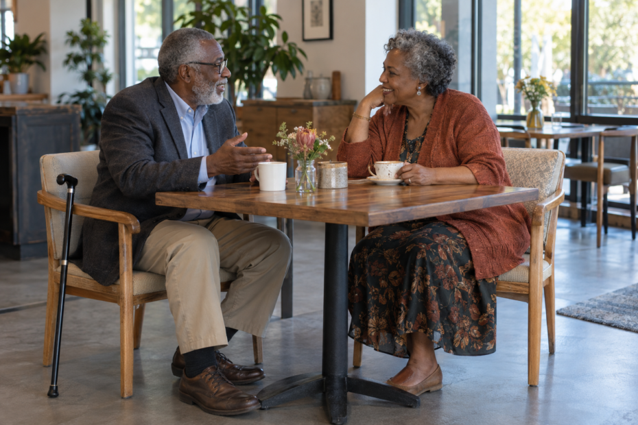 Black senior couple enjoying a comfortable accessible first date in a quiet cafe