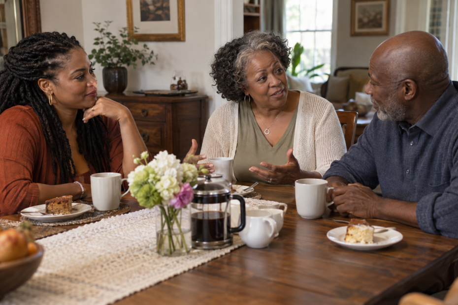 Black woman over 60 introducing her Black partner to her adult daughter at home