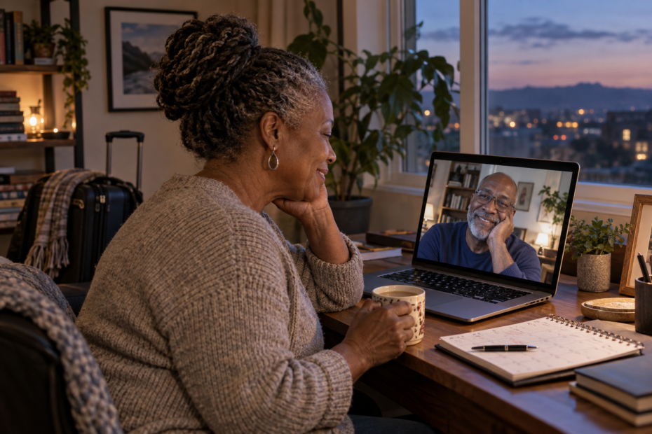 Black senior couple maintaining a long-distance relationship through a video call