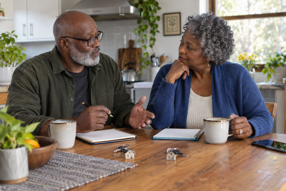 Black couple over 60 discussing future relationship goals at a kitchen table