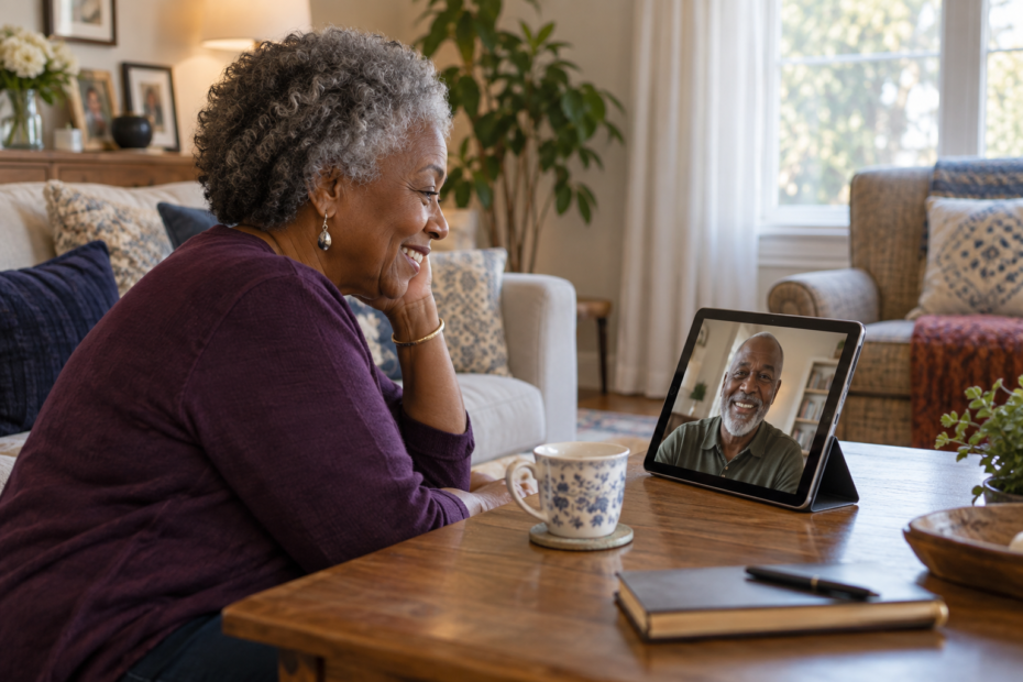Black senior woman enjoying a relaxed first video date with a Black senior man